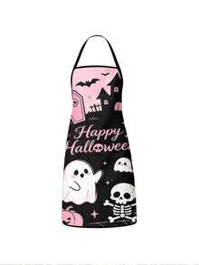 1pc 2pcs 4pcs Happy Halloween Cartoon Apron, Pink Ghost Castle Bat Print Sleeveless Apron, Women Kitchen Baking Apron Holiday Decor - Multicolor - View 2