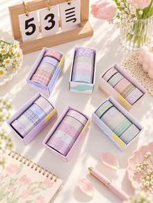 5 Rolls/Box Simple Pattern Glitter PET Tape Set, 3 Widths Of Stylish Tape, Perfect For School Supplies, Crafts, And Gift Wrapping, A Handbook Gift For Friends - Sets - View 1