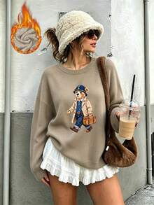 Women's Plus-Size Casual, Cute Faux-Knit Sweater Featuring A Stylish Bear Graphic-A Versatile Top Perfect For Everyday Wear In Autumn And Winter. - Camel - View 8