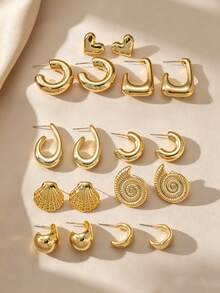 6/18pcs Anting-anting Lingkaran Emas Multi-Elemen Bentuk C, Hati, dan Tetesan Air dari Cangkang Kerang yang Elegan, Cocok untuk Pemakaian Sehari-hari Wanita, Hadiah Liburan - Emas - View 2