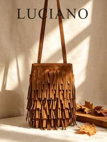 New Autumn/Winter Vintage Solid Color Tassel Women's Niche Phone Bag, Western Style Multifunctional Personalized Minimalist Commuter Bag - Brown - View 1