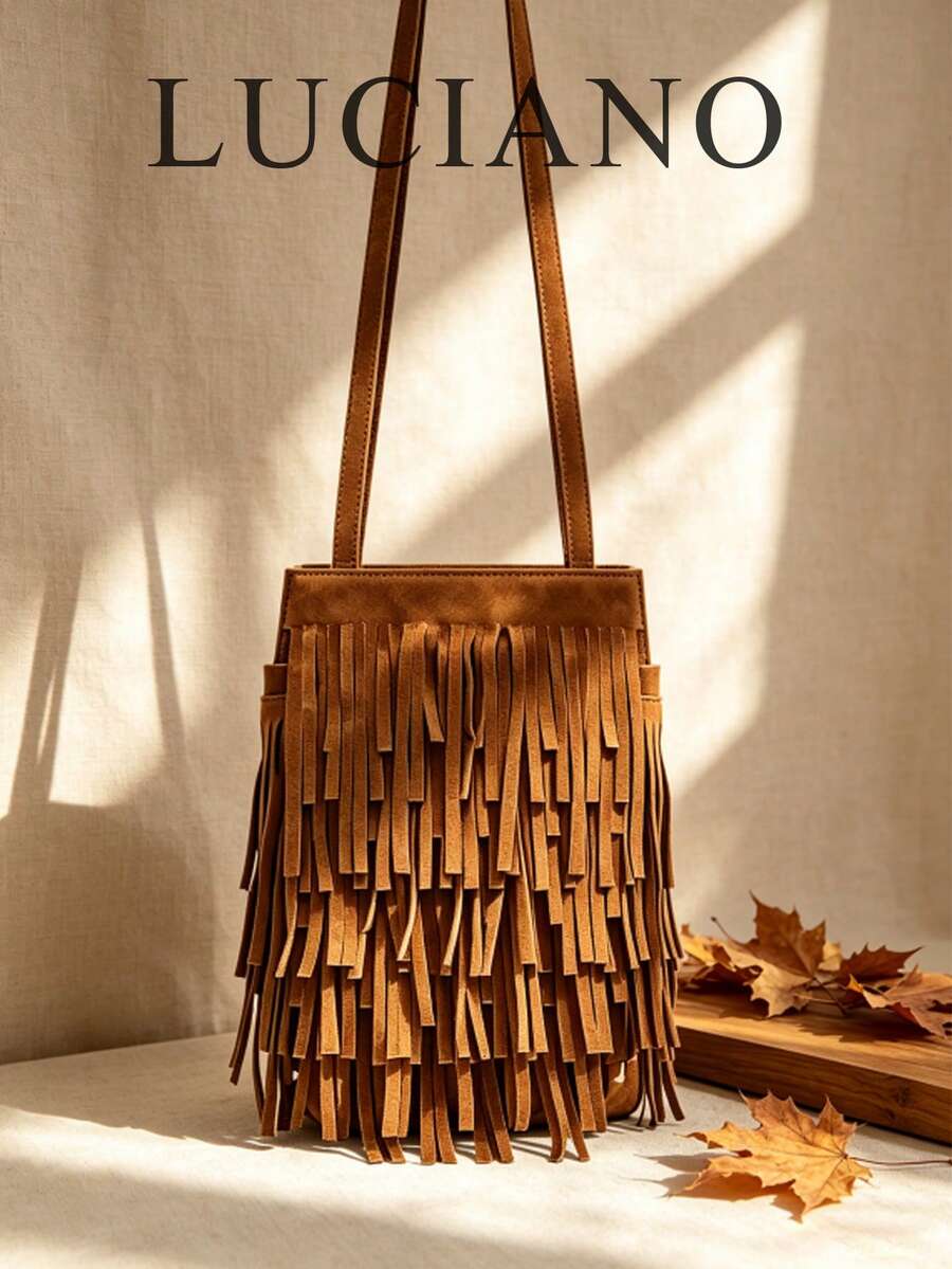 New Autumn/Winter Vintage Solid Color Tassel Women's Niche Phone Bag, Western Style Multifunctional Personalized Minimalist Commuter Bag - Brown - View 1