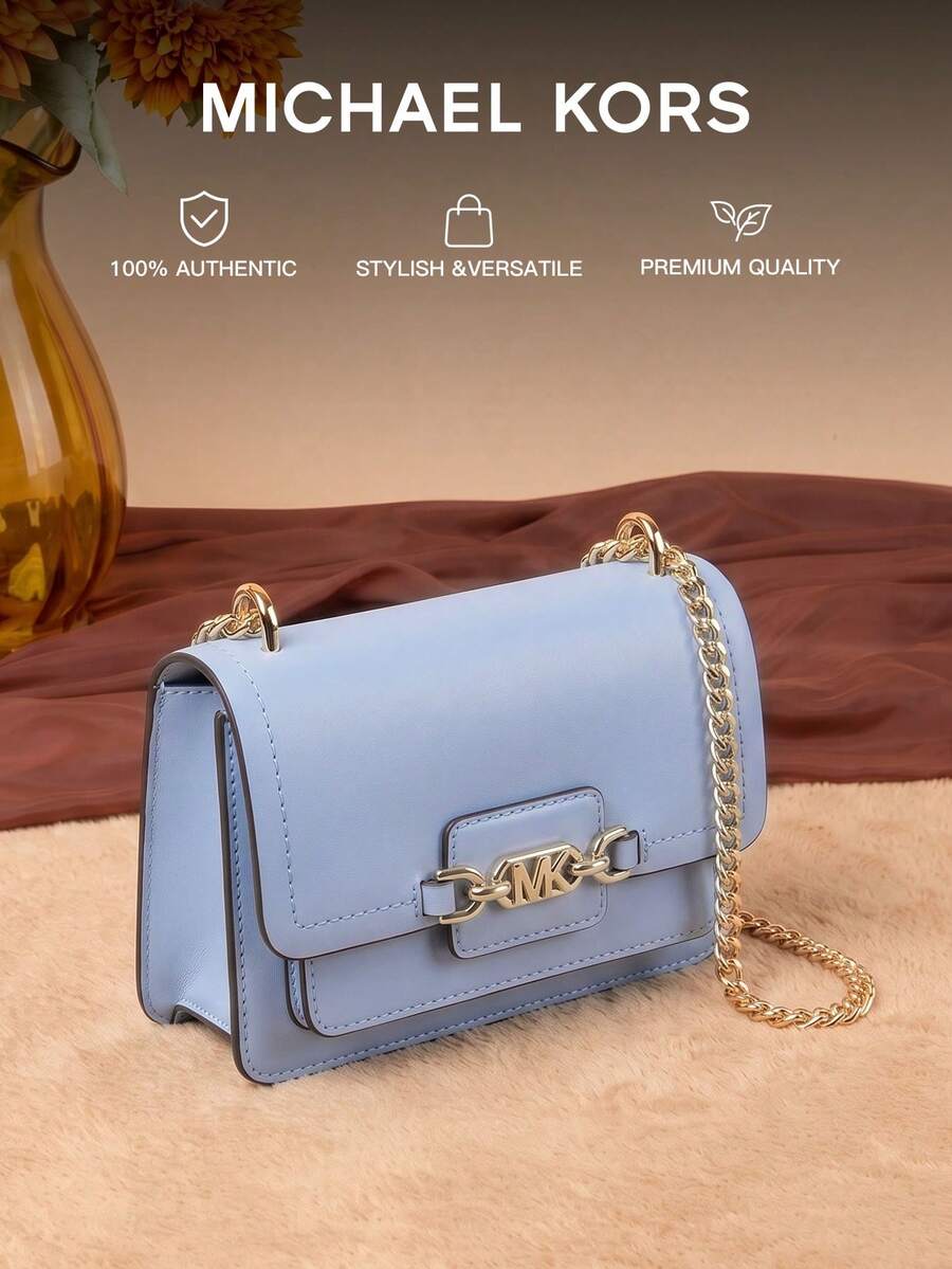 Michael Kors Heather 大號金屬感 Empire 標誌女款單肩包,復古翻蓋斜挎包,適合購物與旅行 - 天藍色 - 查看 1