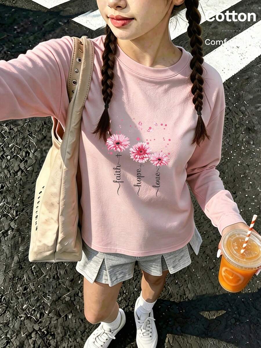 Girls' Cute Printed Long-Sleeve Casual Sports T-Shirt With Set-In Sleeves And A Round Neckline - Baby Pink - View 1
