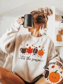 Tis The Season Fall Embroidery Design, Thanksgiving Football Machine Embroidery, Cozy Sport Mom, Women's Drop Shoulder Casual Crew Neck Long Sleeve Sweatshirt - Multicolor - View 2