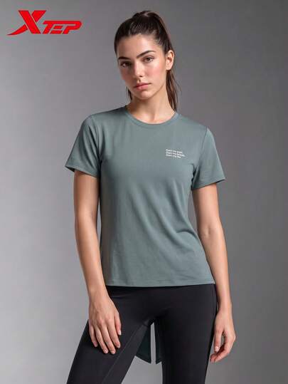 XTEP 2000km FUN Women's Short Sleeve Sports Yoga Top, Quick-Dry Slim Waist Running Shirt, Moss Grey Green