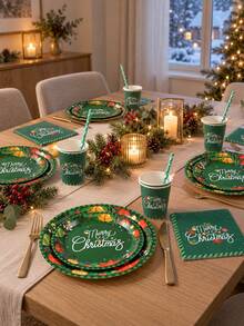10/20pcs Christmas Disposable Paper Tableware Set, Includes 7-Inch And 9-Inch Plates, Cups, Napkins And Straws; Featuring Deep Green "Merry Christmas", Poinsettia And Bell Decorative Patterns, Suitable For Christmas Parties, Holiday Dinners, Winter Celebrations And Holiday Table Decor. - Multicolor 3 - View 3