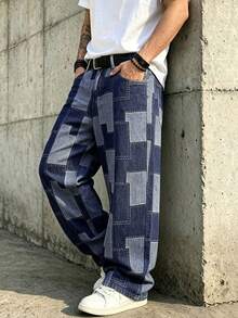Celana Jeans Denim Pria LIYS Motif Kotak-kotak Geometris Jacquard Longgar Kaki Lebar Gaya Jalanan Vintage dengan Efek Usang - Biru - View 5