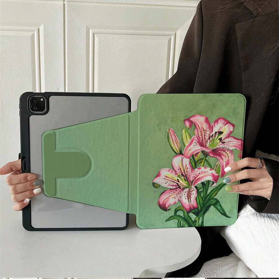 1件綠色背景百合花繪畫可旋轉平板保護殼，相容 iPad Air 6/5/4 和 10 (10.9 吋)，相容 iPad Pro 2024、Air M3/A16 2025，相容 Galaxy Tab S9 FE/S8 Plus/S7/S10，相容 OPPO Pad，相容 MatePad，相容 Vivo Pad，相容 Honor Pad，相容 Pad