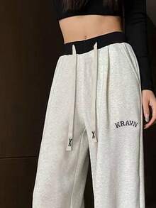 GRIM PANDA Women's Spring Autumn Wide Leg Sweatpants, Contrast Elastic Waist Drawstring Pants, Letter Embroidery Loose Soft Breathable Daily Streetwear Trousers - Light Grey - View 6