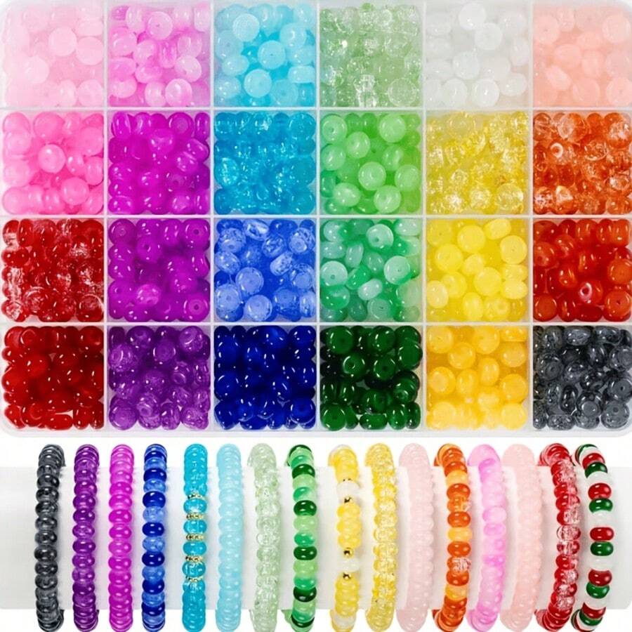 720pcs/24-Grid Colorful Glass Beads Set, Oval-Shaped Colorful Glass Beads, 24-Color Gemstone Spacer Crystal Beads Design, Suitable For Making Necklaces/Bracelets/Lucky Anklets And Other Handmade DIY, Perfect As A Gift For Girls, Symbolizing Friendship And Love Dreamy Glass Beads Set - Flat Bead - View 1