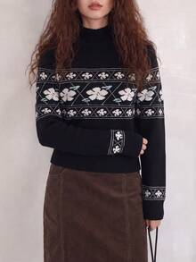 Women's Black Jacquard Knit Long Sleeve Turtleneck Sweater, Regular Length, Slightly Elastic Fabric, Suitable For Winter - Black - View 3