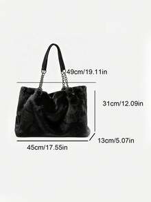 Tote Bag, Loose Large Size Bag Shape, Shoulder Strap Combined With Chain And Webbing Splicing Design, Bag Opening With Wavy Shape. Ample Storage Space For Books, Tablets And Other Personal Items, Shoulder Carry, Casual And Elegant Style, Suitable For Daily Outings - Black - View 6