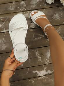 Summer New Fashion Breathable Round Toe Open Toe Non-Slip Soft Sole Woven Cross Retro Casual Roman Beach Sandals - White - View 2