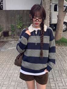 Atasan Pullover Longgar Berkerah Polo Bergaris Blok Warna Gaya Korea Baru Musim Gugur/Dingin - Biru dan abu-abu - View 1