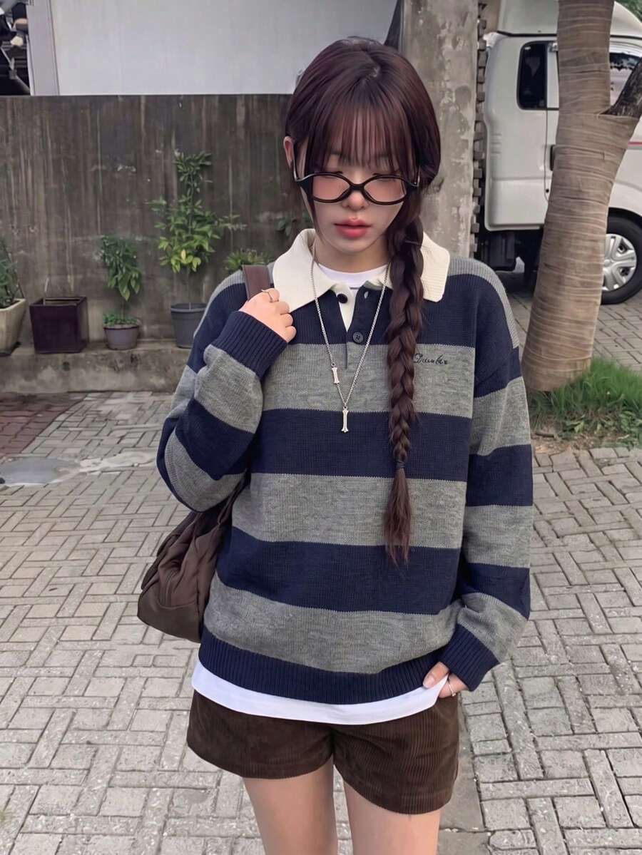 Atasan Pullover Longgar Berkerah Polo Bergaris Blok Warna Gaya Korea Baru Musim Gugur/Dingin - Biru dan abu-abu - View 1