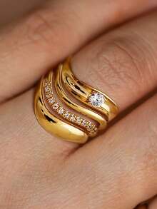 4pcs/1pc 18K Gold Plated Multi-Layer Streamlined Ring Set, Women's Ring, French Style, Luxury Gift Jewelry For Women - Gold - View 2