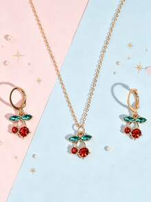 3pcs/Set Exquisite Fashion Rhinestone Cherry Pendant Necklace & Earrings Children Jewelry Set, Suitable For Girls Daily Wear Jewelry Accessories Gift - one-size - View 1