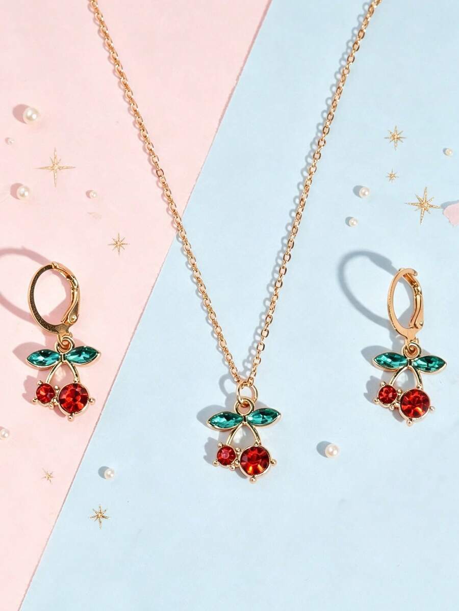 3pcs/Set Exquisite Fashion Rhinestone Cherry Pendant Necklace & Earrings Children Jewelry Set, Suitable For Girls Daily Wear Jewelry Accessories Gift - one-size - View 1