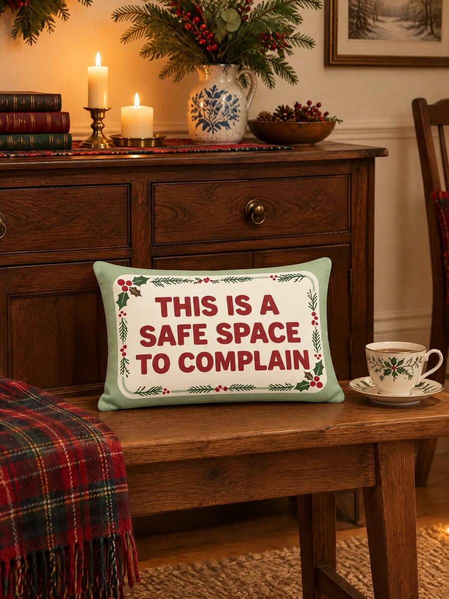 Sage Green "Space To Complain" Letter Print Decorative Throw Pillow, Holly Berry Sofa Couch Bed Cushion, Christmas Holiday Home Decor Accent - Pastel Green - View 1