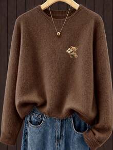 Plus Size Women's Ghost Reading Bookshelf Graphic Casual Pullover Sweater - Dark Ochre - View 9