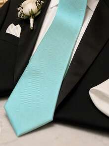 1pc Classic Men's Solid Mint Green Textured Diagonal Stripe Tie, Formal Business Ball Wedding Daily Suit Tie, Gentleman Style - Baby Blue - View 2