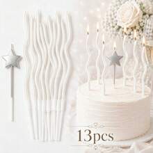 13pcs Birthday Cake Candles Set, Includes 12 Pearl White Wavy Curve Candles + 1 Silver Star Shaped Candle, Elegant Minimalist Texture. Long Stem Design Easy To Insert Into Cake, Suitable For Birthday Party, Anniversary, Dessert Table Decoration. Exquisite Design For Photo-Worthy, Candles, Creating Romantic Celebration Atmosphere - View 2