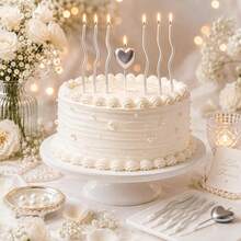 13pcs Birthday Cake Candles Set, Includes 12 Pearl White Wavy Curve Candles + 1 Silver Heart-Shaped Candle, Minimalist Luxury Texture - View 3