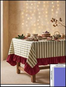 1pc Green & White Thin Striped With Burgundy Ruffle Edge Tablecloth, Christmas Holiday Style Fabric Material, Rectangular Burgundy Ruffle Edge Patchwork Detail, Stain-Resistant Protection, Tabletop Decoration And Beautification Function, Suitable For Christmas Dessert Table Arrangement And Holiday Party Scenes - Red - View 16