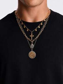 3pcs/Set Men's Vintage Distressed Colorblock Layered Necklace, Cross & Carved Round Pendant, Niche Personalized Outfit Accessory - Multicolor - View 1