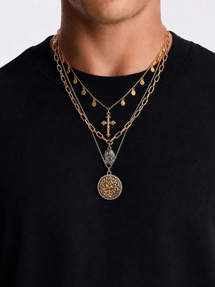 3pcs/Set Men's Vintage Distressed Colorblock Layered Necklace, Cross & Carved Round Pendant, Niche Personalized Outfit Accessory - Multicolor - View 1