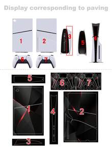 6Pcs Glossy Mirror Cut Light Luxury Black Red Skin Stickers Compatible With PS5 Slim Disc Edition, Full Wrap Game Console & Controller Protective Decals, Dustproof Wear-Resistant Vinyl Cover - View 6