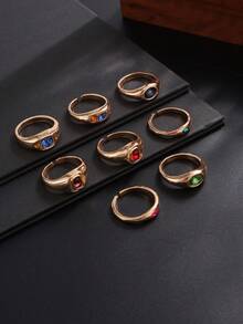 8 buah Cincin Emas Batu Permata Berwarna-warni Bertekstur Vintage, Cincin Pita Lebar Bergaya Antik dengan Rhinestone Berwarna-warni, Aksesori Perhiasan Tangan Unisex yang Dapat Ditumpuk dan Dipersonalisasi - Emas - View 7