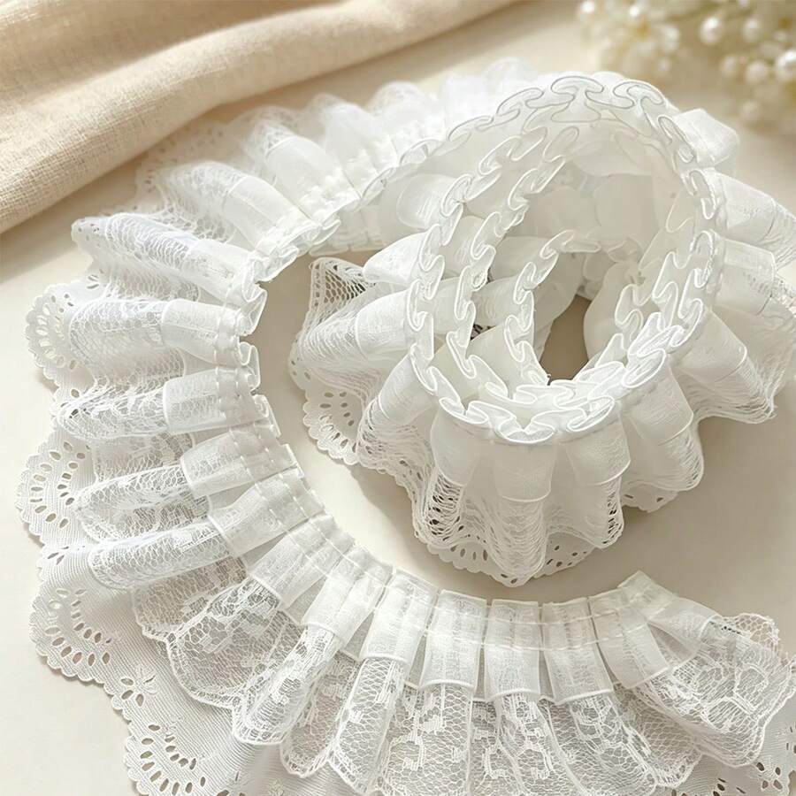 1/2/6/8/10 Size White Hollow Eye Pattern Fan-Shaped Scalloped Lace Trim, 6.5cm Wide Double Layer Pleated Mesh Lace Ribbon, Multiple Styles Available, Soft And Breathable, Suitable For Handmade Sewing, Fabric Crafts, Christmas Decoration - Multiple Styles - View 1