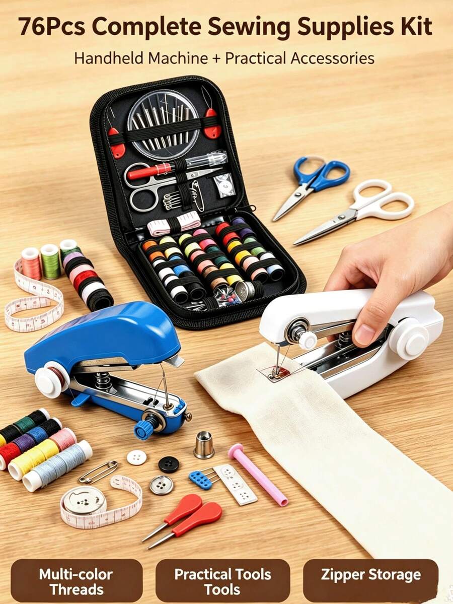 76pcs(1 Portable Mini Sewing Machine Includes 2 Sewing Machine Accessories + 1 Set Of 73pcs Needle And Thread Kit), Handheld Manual Easy Sewing, Portable Home Sewing Machine, White - 1pc, 1 Small Sewing Machine, Needle And Thread Kit Includes Embroidery Needles, Needle Case, Scissors, Measuring Tape, Seam Ripper, Pins, Needle Threader, Thimble And Other 73pcs Set And One White Handheld Sewing Machine (Thread Color Random), Portable Home Sewing Tools Needle And Thread Box Set Sewing Thread Kit Needle And Thread Bag - 76-piece Set (sewing Kit + Manual Sewing Machine Set). - View 1