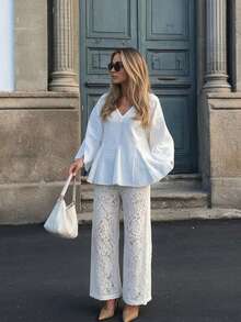 Women's White V-Neck Ruffle Top, Wrist-Length Sleeves, Semi-Sheer Woven Fabric, Fashionable Versatile, Suitable For Autumn Wear - White - View 5