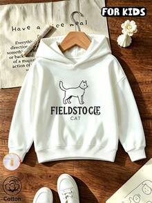 Girls Hooded Sweatshirt, Simple Line Cat & FIELDSTOCE CAT Letter Print Long Sleeve Pullover Hoodie, Casual Loose Tween Girl Hoodie For Fall Winter - White - View 11