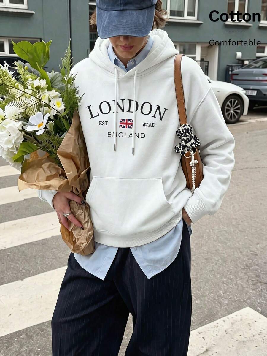 Women's Autumn Hooded Sweatshirt, "LONDON EST 47AD ENGLAND" Text And UK Flag Graphic, Loose Fit, Y2K Style - White - View 1