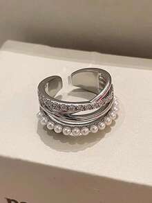 1pc Luxury Niche High-End Crown Fashion Elegant Versatile Index Finger Ring Multi-Layer Sparkling Rhinestone Pearl Ring For Women - Multicolor - View 4