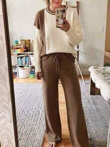 Women's Casual Minimalist Elegant Fashion Commute Comfortable Office Colorblock Cable Knit Round Neck Long Sleeve Sweater Two Pieces Set Home Daily Office Autumn Winter Style - Khaki - View 9