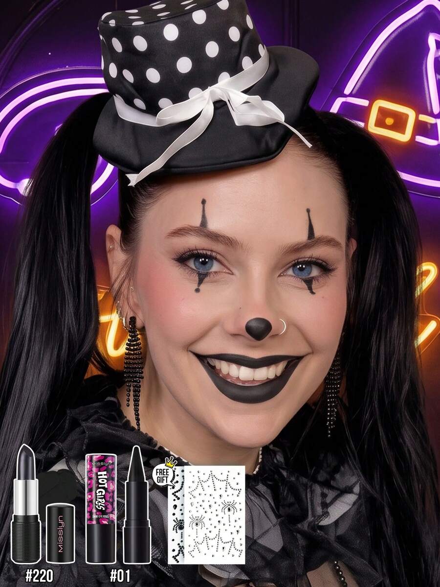 MISSLYN 2pcs Halloween Makeup Set, Multi-Use, Creamy Texture, Smoky Eyeliner, Matte Eyeliner, Easy To Blend Smooth, Rich Pigment Long-Lasting Lip Gloss, Silky Lightweight Formula, Suitable For Birthday, Best Gift, Party Ready, New Year Gift - #Set1 - View 1