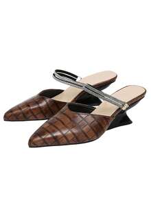 planare New Women's Fashion Diamond Pattern Pointed Toe Mule Slippers With Rhinestone Back Strap, Slip-On Low Heel Vintage Slippers - Brown - View 8