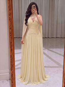 Women's Solid Color Pleated Elegant Waist-Cinching Cocktail Party Dress - Yellow - View 4
