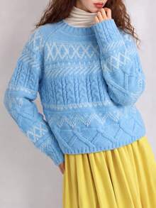 Women's Knitted Long Sleeve Pullover Regular Fit Blue & White Fair Isle Sweater, Suitable For Winter And Casual Daily Wear - Blue Tones - View 3