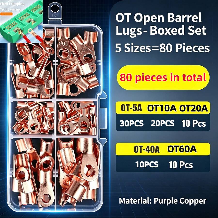 80件組 OT-5A 至 OT-60A 壓接端子套組，銅線接頭與各式電線接頭，適用於居家翻修、DIY 配線、汽車與船舶電路配線配件