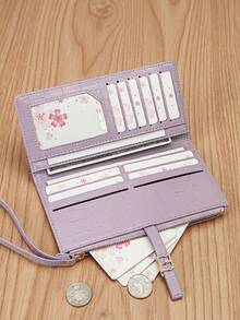 Fashionable Crocodile Embossed Long Wallet PU Mini Wrist Bag With Exquisite Clasp, Folded Wallet Card Holder Coin Purse With Zipper - Mauve Purple - View 6