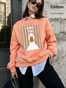 Women Cotton Crew Neck Loose Sweatshirt For Autumn Pink Striped White Duck Print WHAT THE Casual Street Sport Style - Hami Melon Orange - View 1