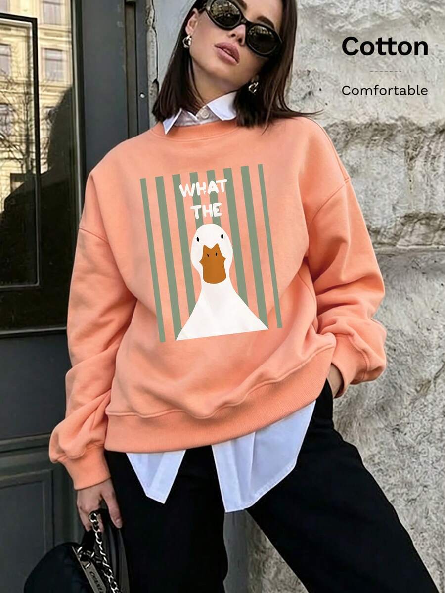 Women Cotton Crew Neck Loose Sweatshirt For Autumn Pink Striped White Duck Print WHAT THE Casual Street Sport Style - Hami Melon Orange - View 1