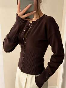 Chic Brown Long Sleeve Ribbed Cardigan For Women With Button Details, Polyester Medium Stretch Regular Length Top, Perfect For Winter Outfits. - Coffee Brown - View 3