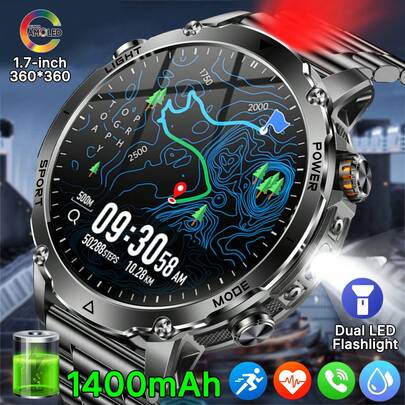 KENPANG 1400mAh Battery Men's Outdoor Smartwatch, Built-In Red/White LED Flashlight, 100+ Sports Modes, Call/Message Notifications, 24/7 Health Monitoring, Sleep Tracking, IPX8 Waterproof, Men's Fitness Tracker, Compatible With IOS And Android